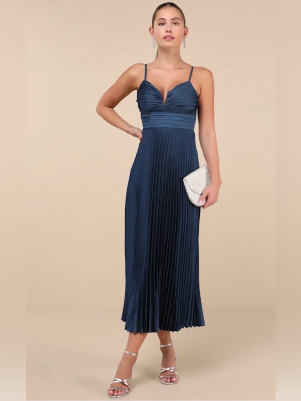 Lulus Fabulous Perfection Navy Blue Satin Pleated Midi Dress XS NWT